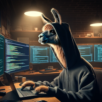 a hacker llama in a hoodie typing at a laptop in a dark room